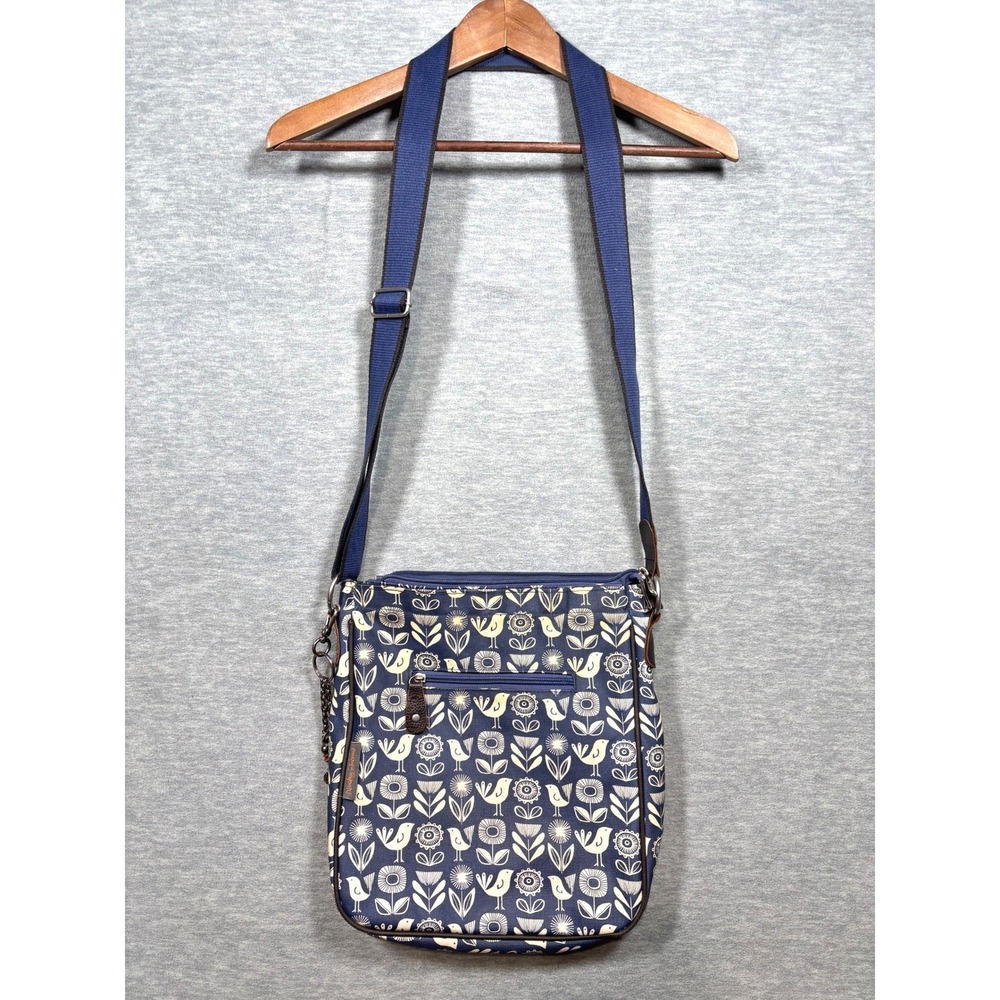Nicky James Blue Cream Bird‎ Floral Print Crossbody Bag Purse Laminated Canvas